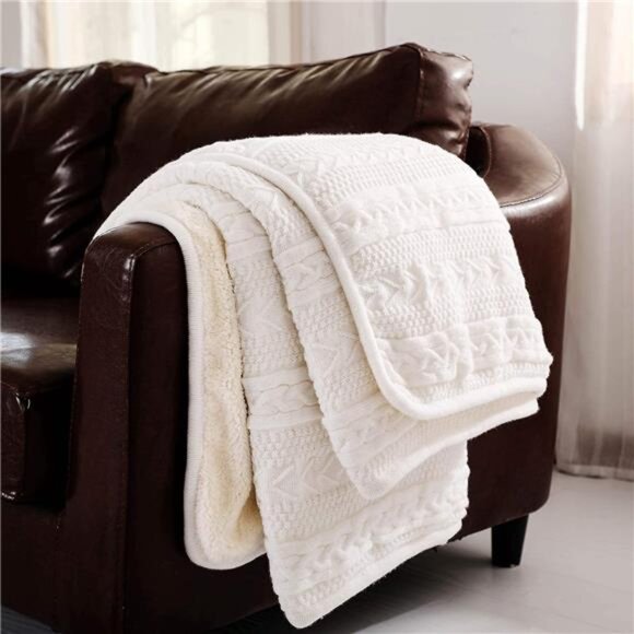 Acrylic Cable Knit Sherpa Throw Blanket – Thick, Soft, Big, Cozy Ivory White - Picture 4 of 7